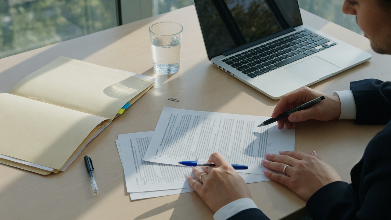 Campaign and vendor reviewing a services agreement at a conference table.