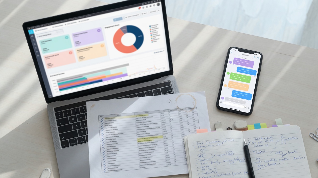 Laptop with a CRM dashboard, a printed contact list, and a phone showing a message thread.