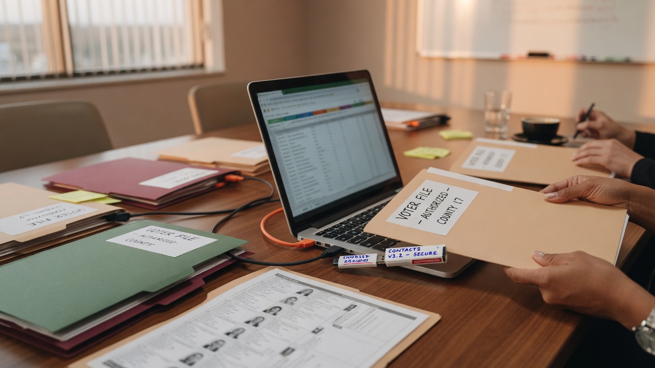 Campaign data manager preparing authorized voter-file materials.