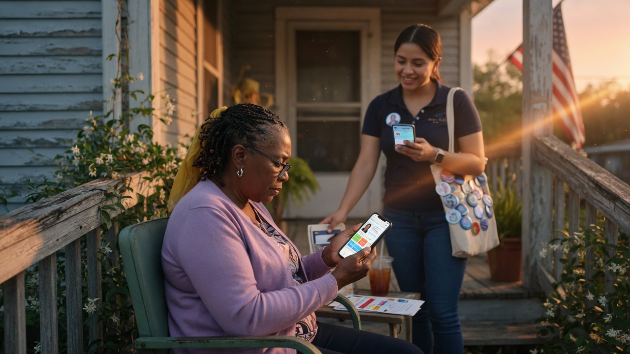 Voter reading campaign-approved candidate information on a phone.