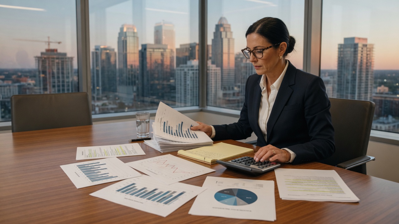 Finance lead reviewing budget reports at a conference table.
