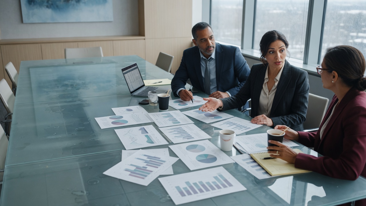 Executives reviewing pricing reports around a long glass conference table.