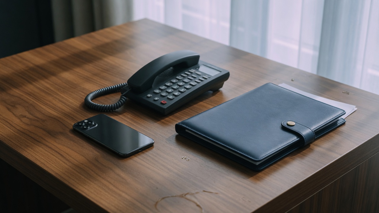 Smartphone, business desk phone, and a closed compliance folder on a walnut desk.