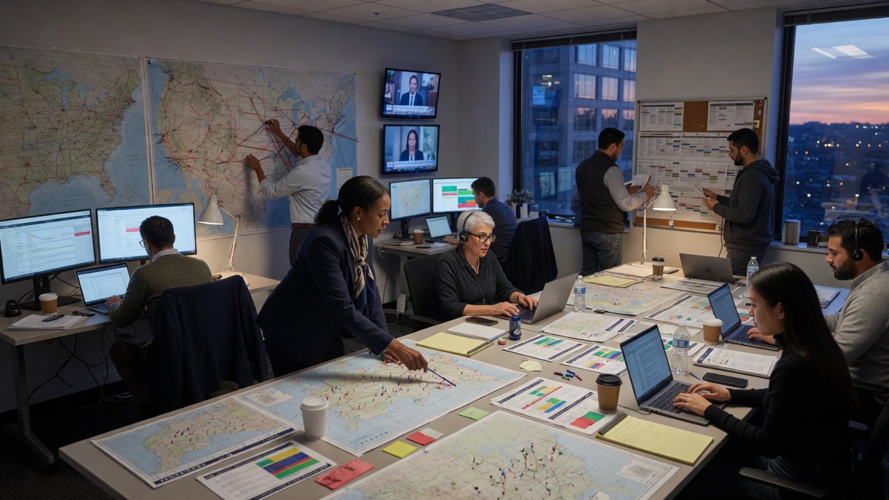 Larger campaign war room with specialists around wall maps.
