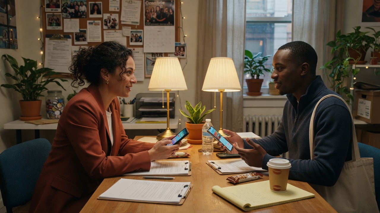 Two campaign volunteers in a one-to-one conversation, each holding a smartphone.