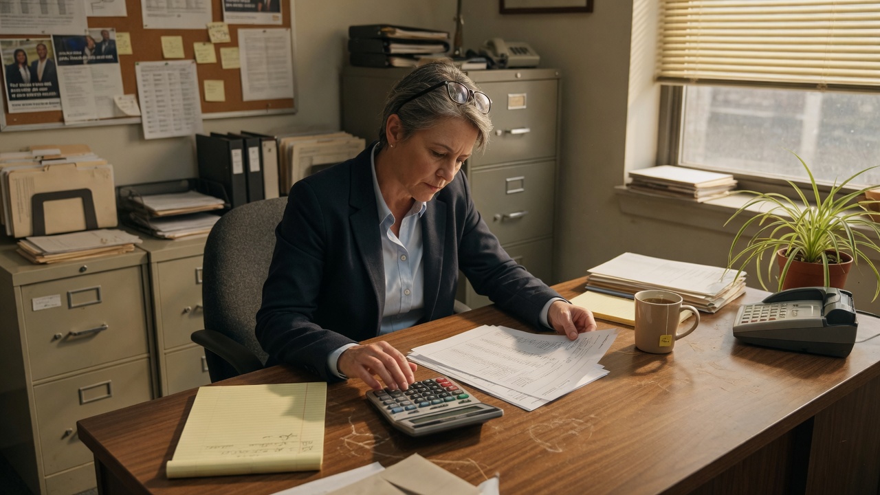 Campaign finance director reviewing a one-page cost sheet at a walnut desk.